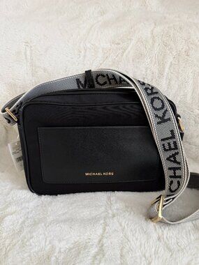 NWT Michael Kors Black Jet Set Large East/West Crossbody With Web Logo Strap